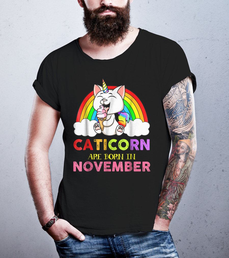 Caticorn Are Born In November Rainbow Ice Cream Cloud Cat Unicorn T-Shirt