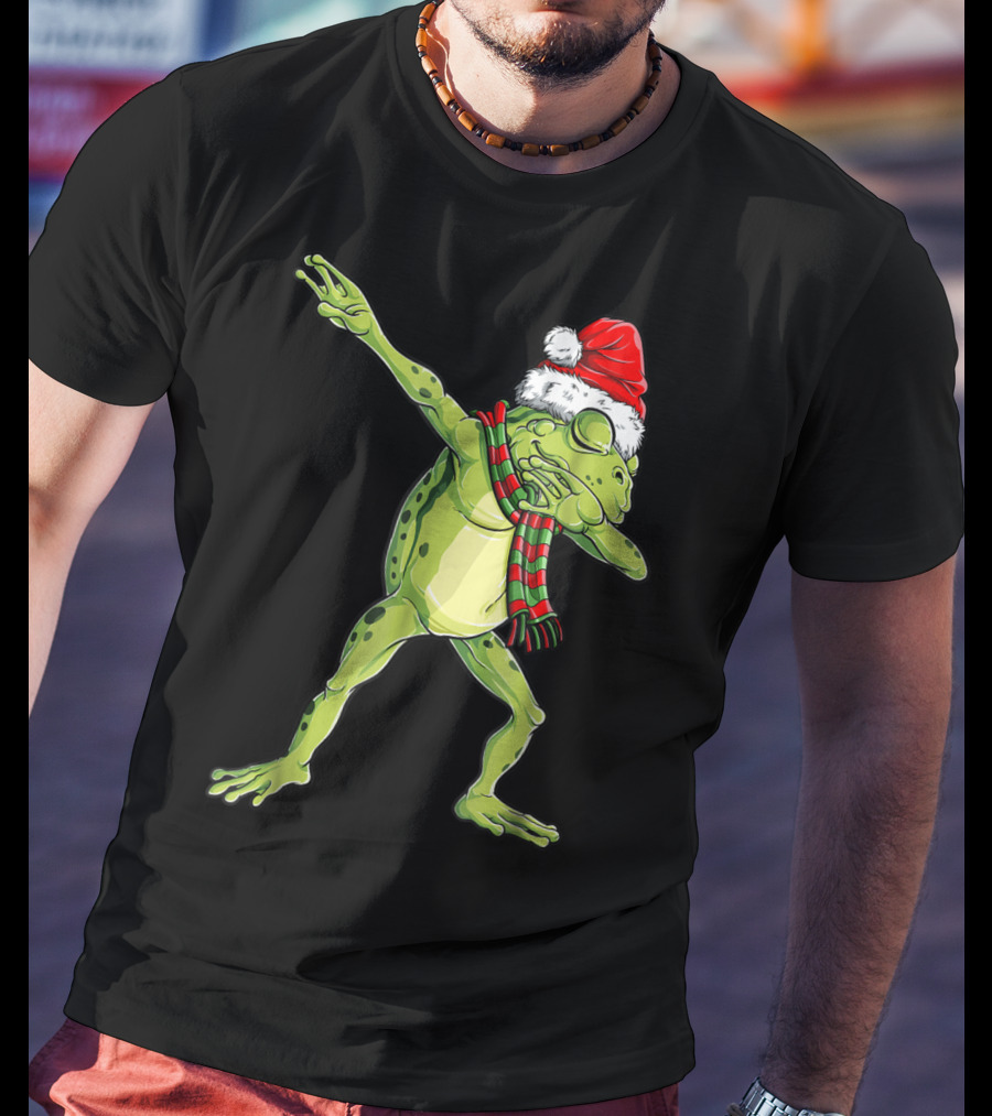 Christmas Dabbing Frog With Santa Hat And Scarf T-Shirt