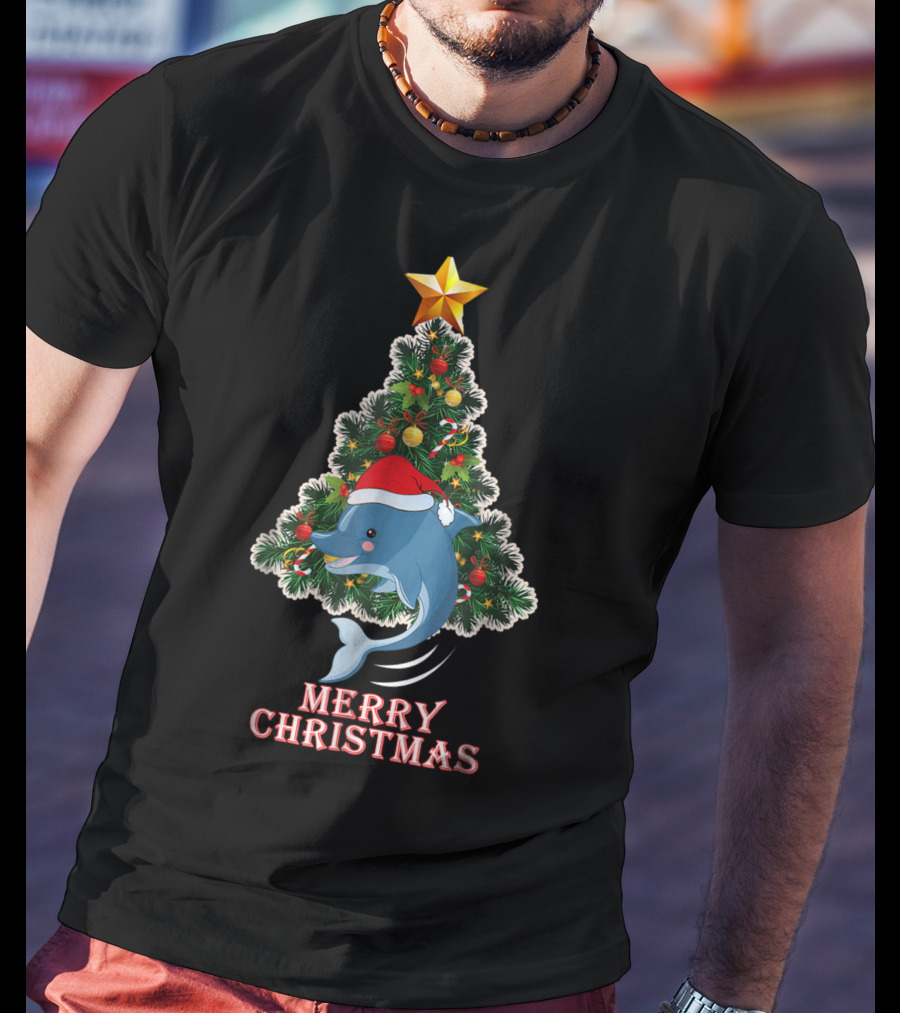 Merry Christmas Dolphin Tree With Santa Hat For Xmas T-Shirt