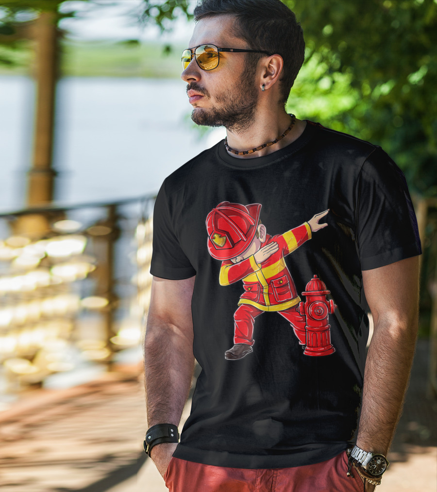 Dabbing Firefighter With Fire Hydrant Dab Dance Funny T-Shirt