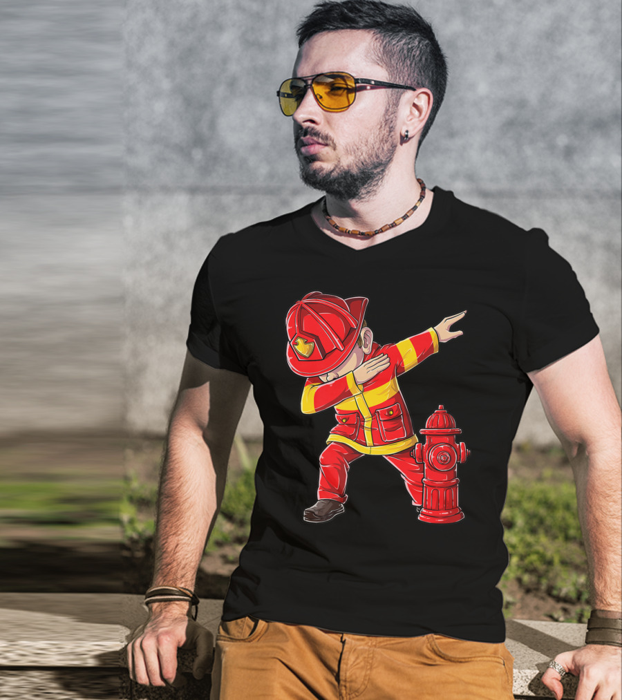 Dabbing Firefighter With Fire Hydrant Dab Dance Funny T-Shirt