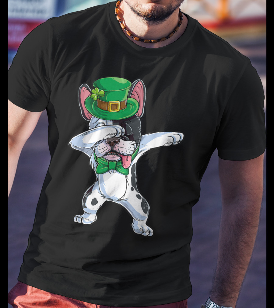 Dabbing French Bulldog St Patricks Day Leprechaun Hat Bow Tie T-Shirt
