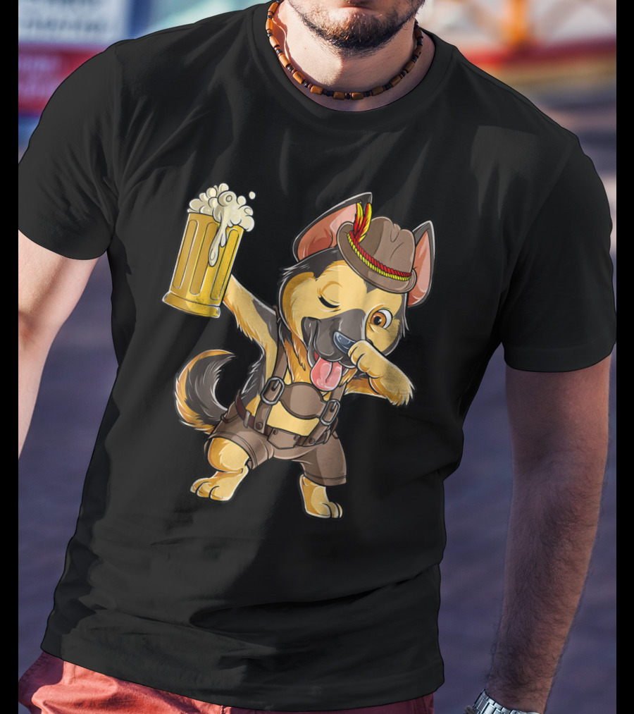 Dabbing German Shepherd Dab Men Prost Drinking Beer Oktoberfest Lederhosen T-Shirt