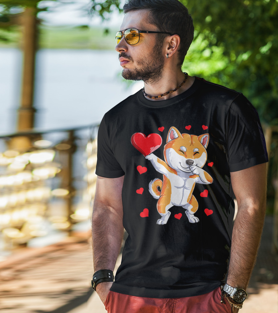 Dabbing Shiba Inu Holding Heart Valentines Day Dog Lover Boys T-Shirt