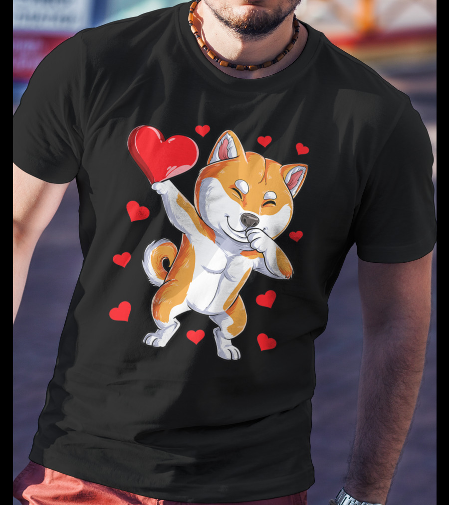 Dabbing Shiba Inu Holding Heart Valentines Day Dog Lover Boys T-Shirt