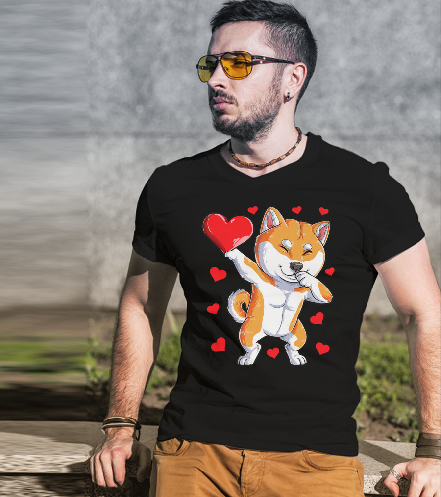 Dabbing Shiba Inu Holding Heart Valentines Day Dog Lover Boys T-Shirt