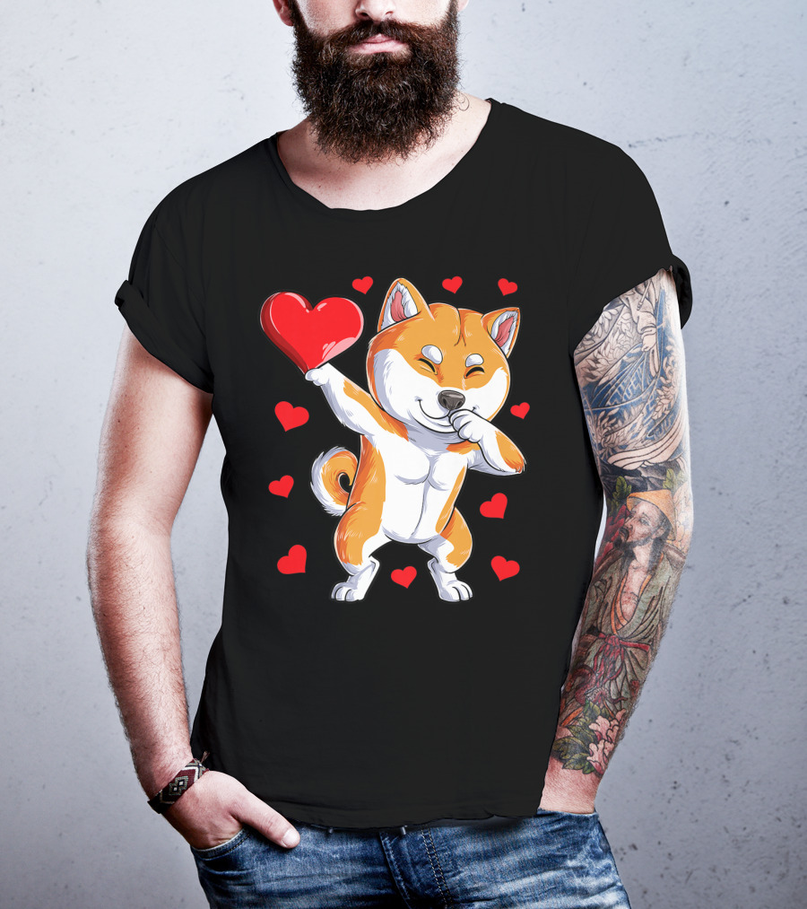 Dabbing Shiba Inu Holding Heart Valentines Day Dog Lover Boys T-Shirt