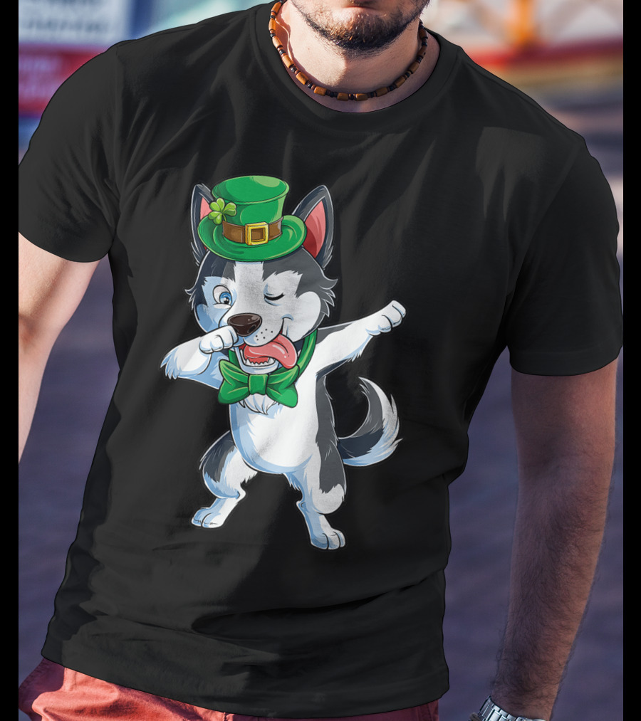 Siberian Husky Dabbing St Patricks Day Leprechaun Hat Bow Tie T-Shirt