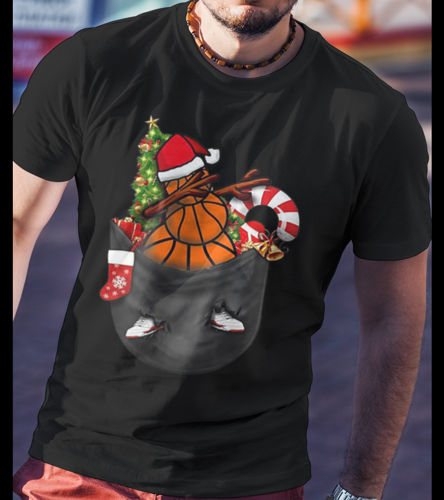Dabbing Snowman Basketball Santa Hat Christmas Pocket T-Shirt