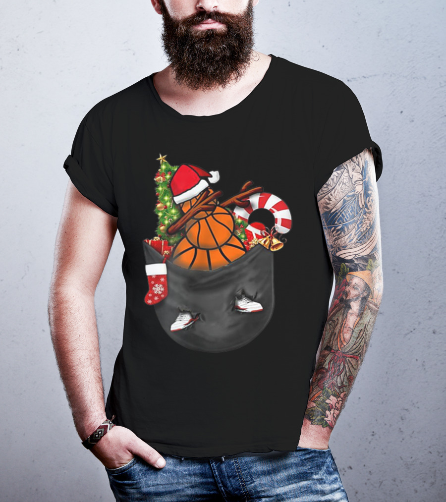 Dabbing Snowman Basketball Santa Hat Christmas Pocket T-Shirt