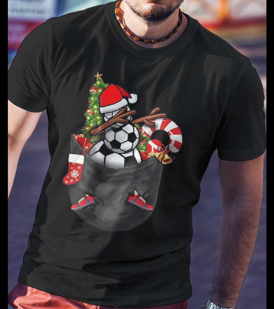 Dabbing Snowman With Soccer Ball And Christmas Decorations In Pocket T-Shirt