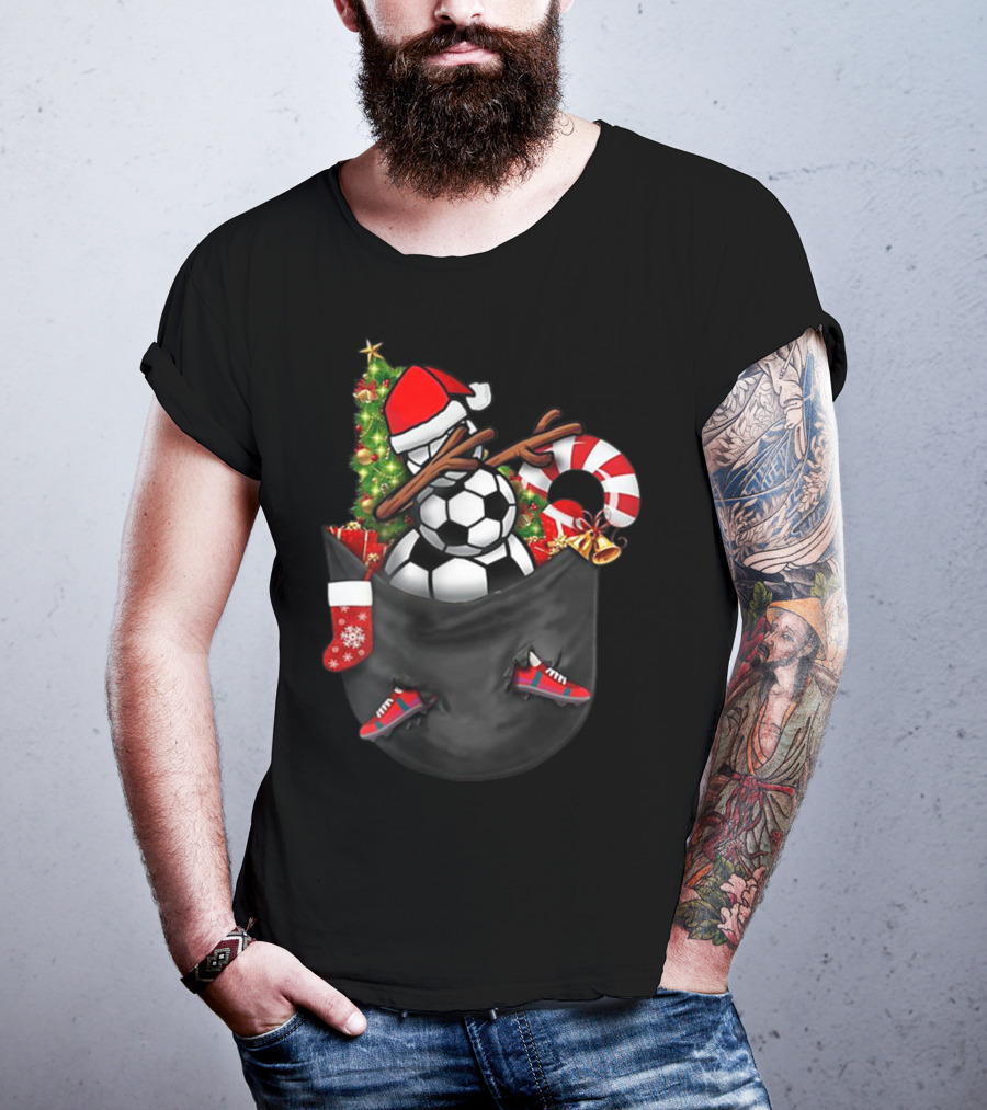 Dabbing Snowman With Soccer Ball And Christmas Decorations In Pocket T-Shirt