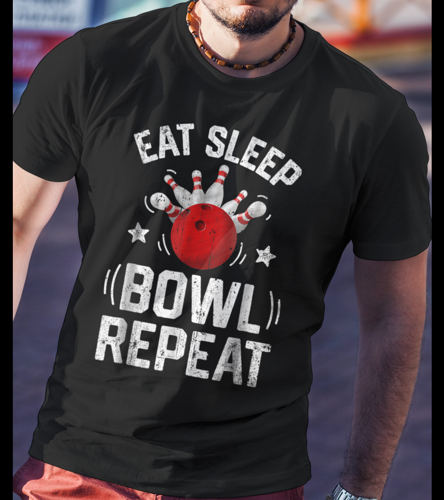 Eat Sleep Bowl Repeat Bowling Pins Stars Bowling Ball T-Shirt