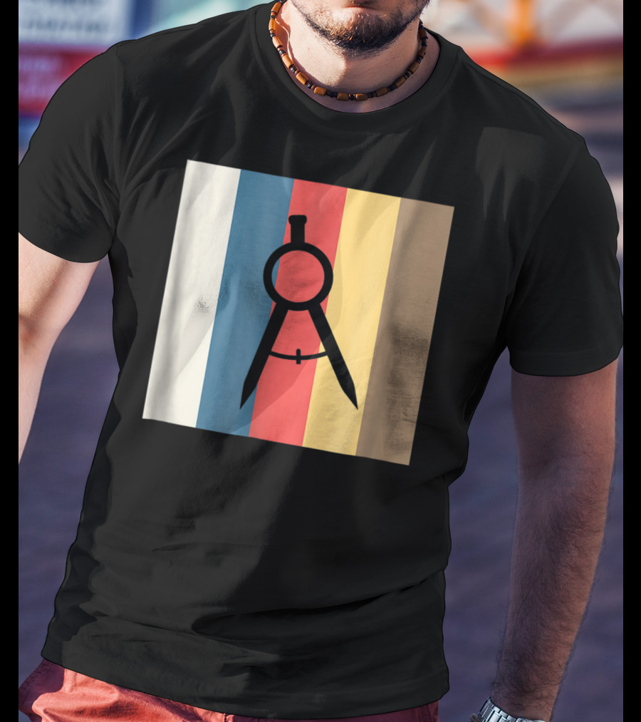 Cool Divider Vintage Architecture Compass On Retro Color Stripes T-Shirt