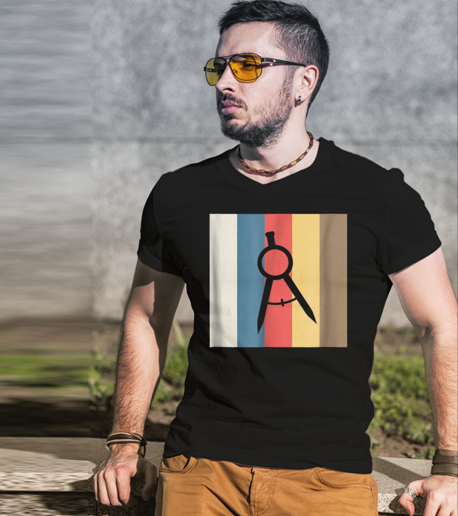 Cool Divider Vintage Architecture Compass On Retro Color Stripes T-Shirt