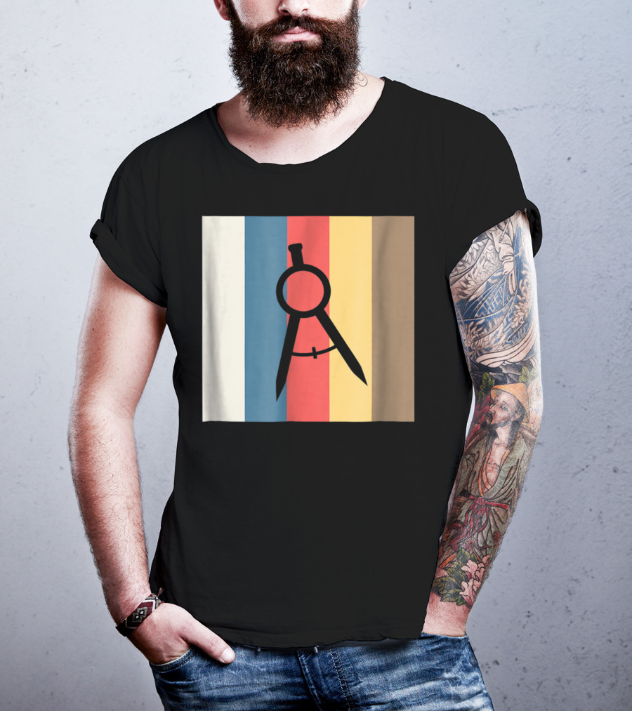 Cool Divider Vintage Architecture Compass On Retro Color Stripes T-Shirt