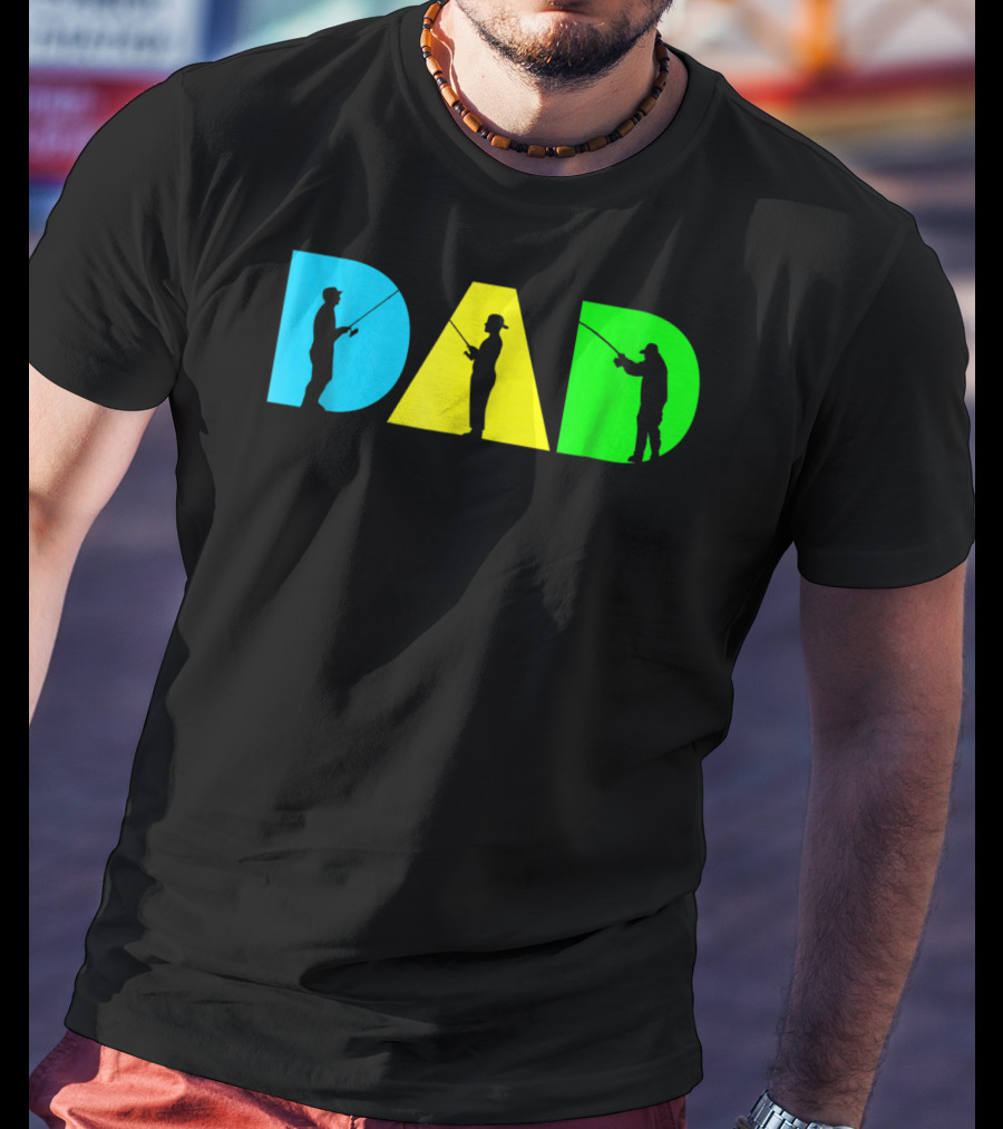Funny Dad Fishing Silhouette Blue Yellow Green Design Father76 T-Shirt