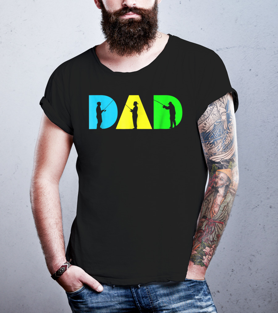 Funny Dad Fishing Silhouette Blue Yellow Green Design Father76 T-Shirt