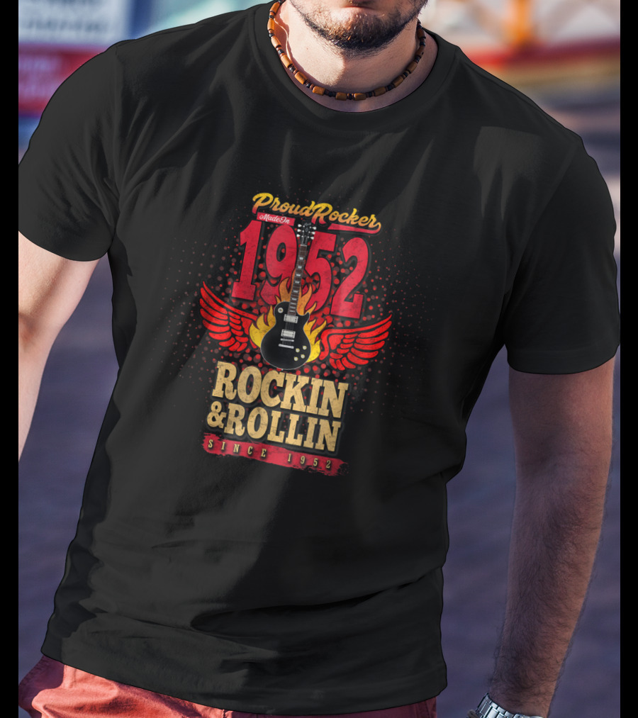 Proud Rocker Since 1952 Flaming Wing Guitar Rockin And Rollin T-Shirt