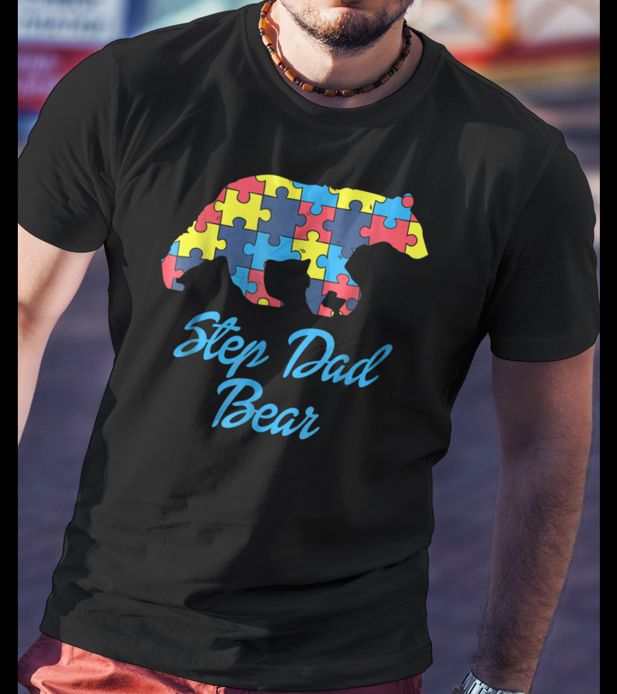 Step Dad Bear Autism Awareness Puzzle T-Shirt