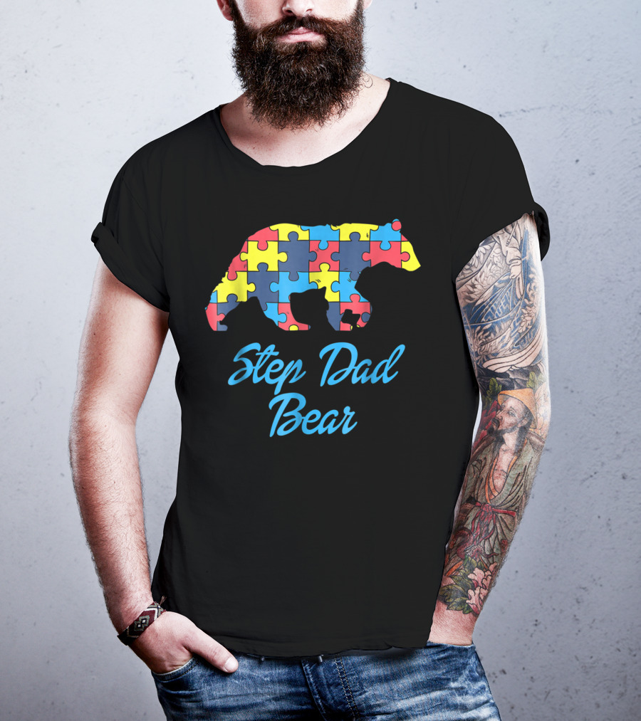 Step Dad Bear Autism Awareness Puzzle T-Shirt
