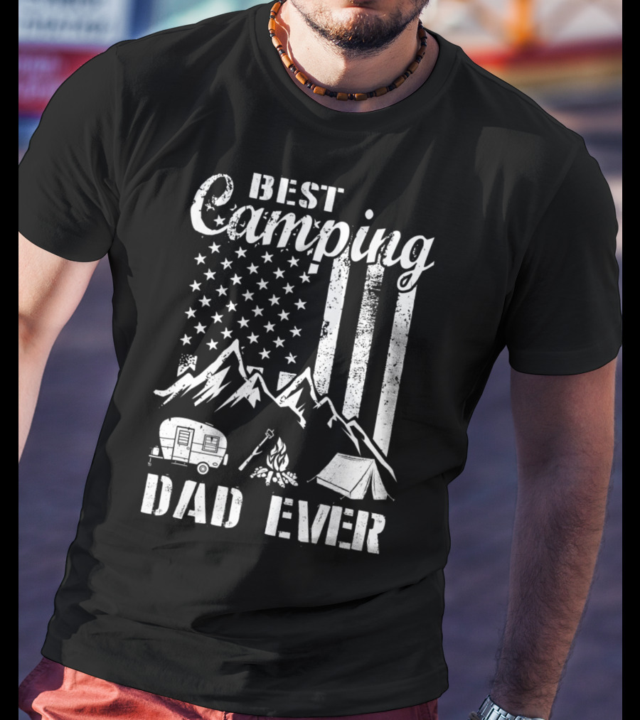 Best Camping Dad Ever American Flag Mountains Campfire Tent And Camper T-Shirt