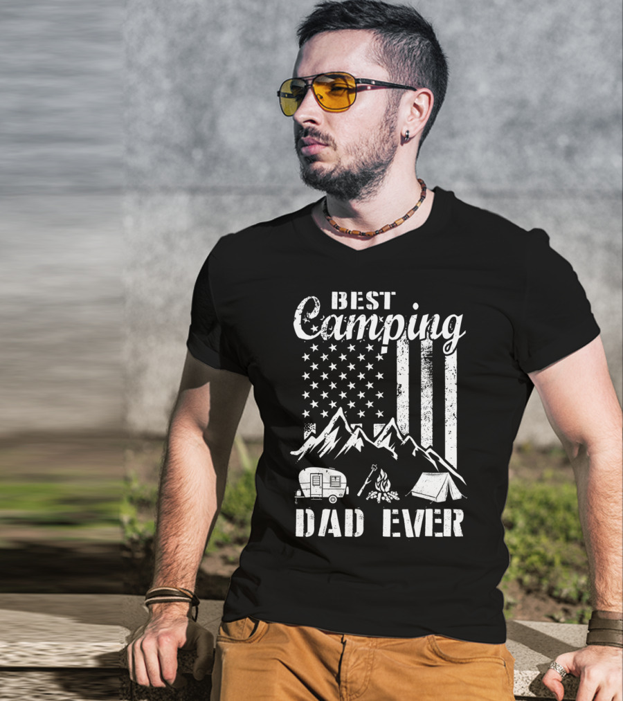 Best Camping Dad Ever American Flag Mountains Campfire Tent And Camper T-Shirt