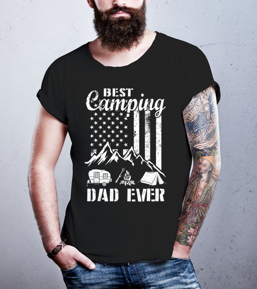 Best Camping Dad Ever American Flag Mountains Campfire Tent And Camper T-Shirt