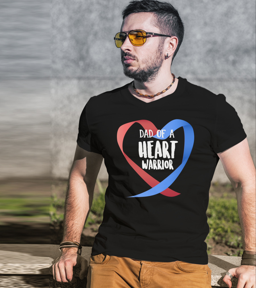 Dad Of A Heart Warrior CHD Awareness Red And Blue Ribbon Heart T-Shirt