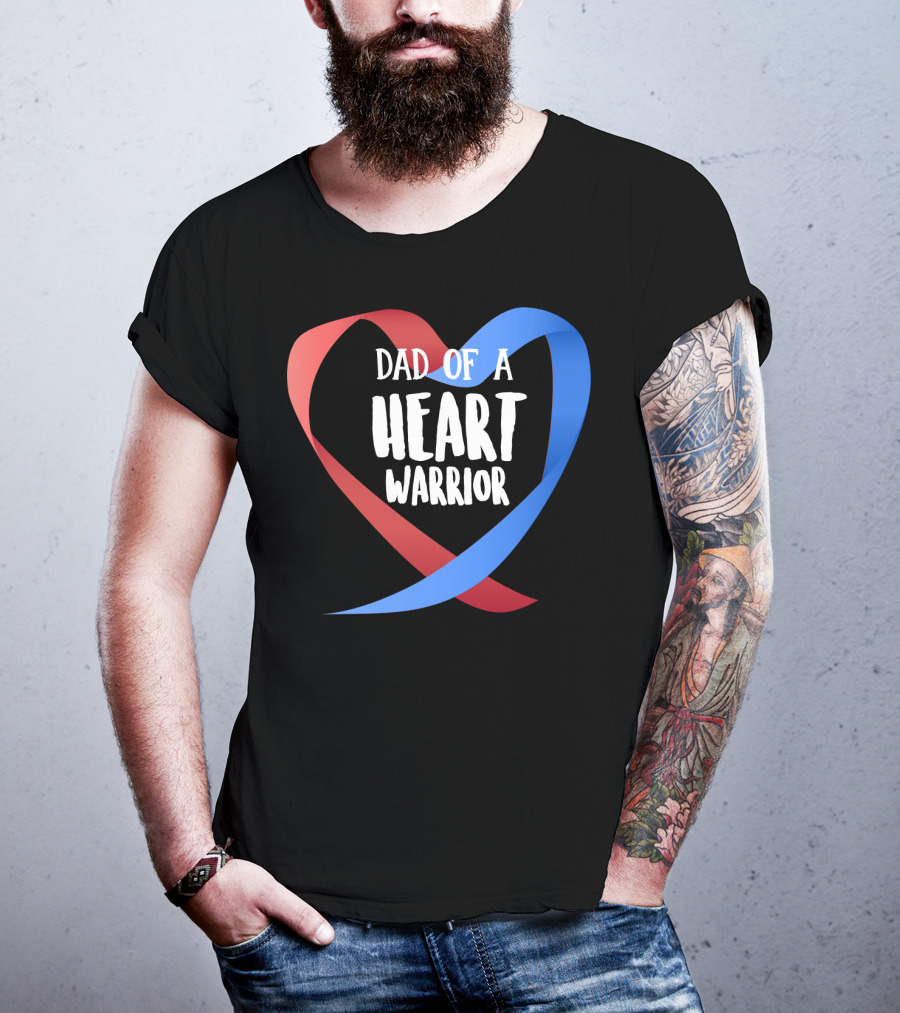 Dad Of A Heart Warrior CHD Awareness Red And Blue Ribbon Heart T-Shirt