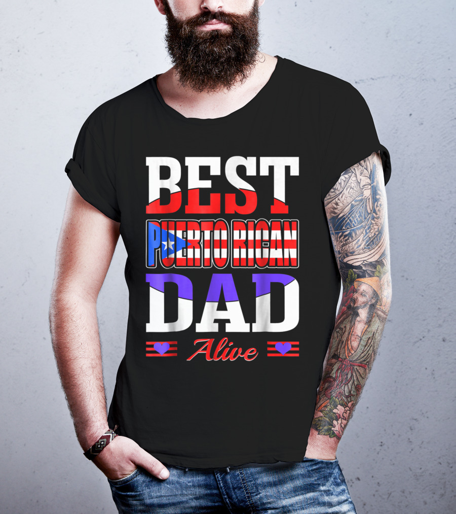 Best Puerto Rican Dad Alive USA Flag Style With Hearts T-Shirt