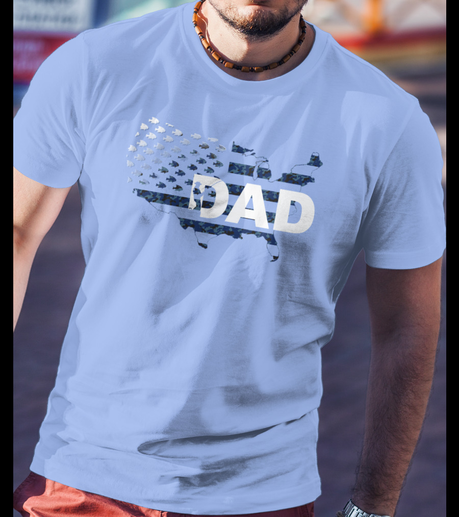 Dad Camouflage Flag Map USA Fish T-Shirt
