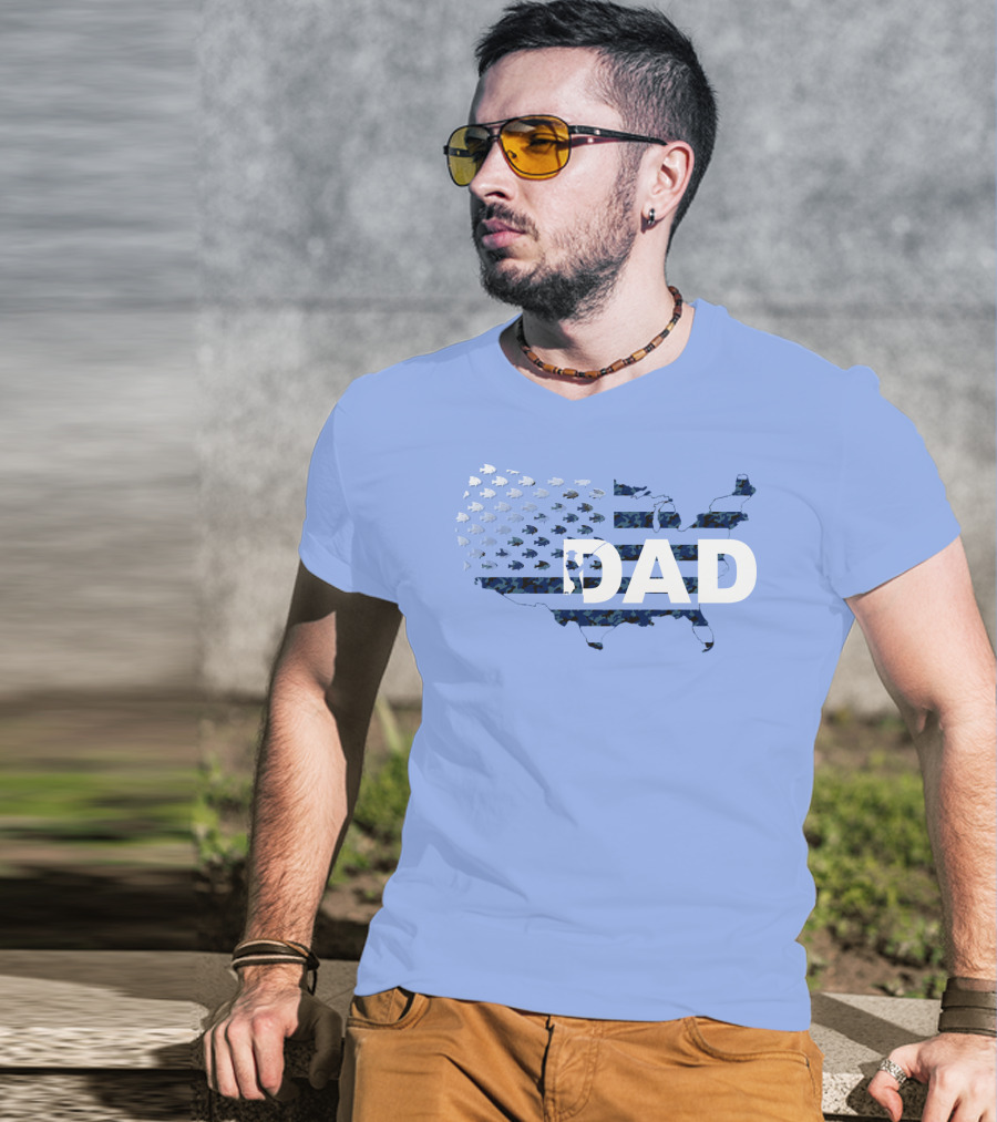 Dad Camouflage Flag Map USA Fish T-Shirt