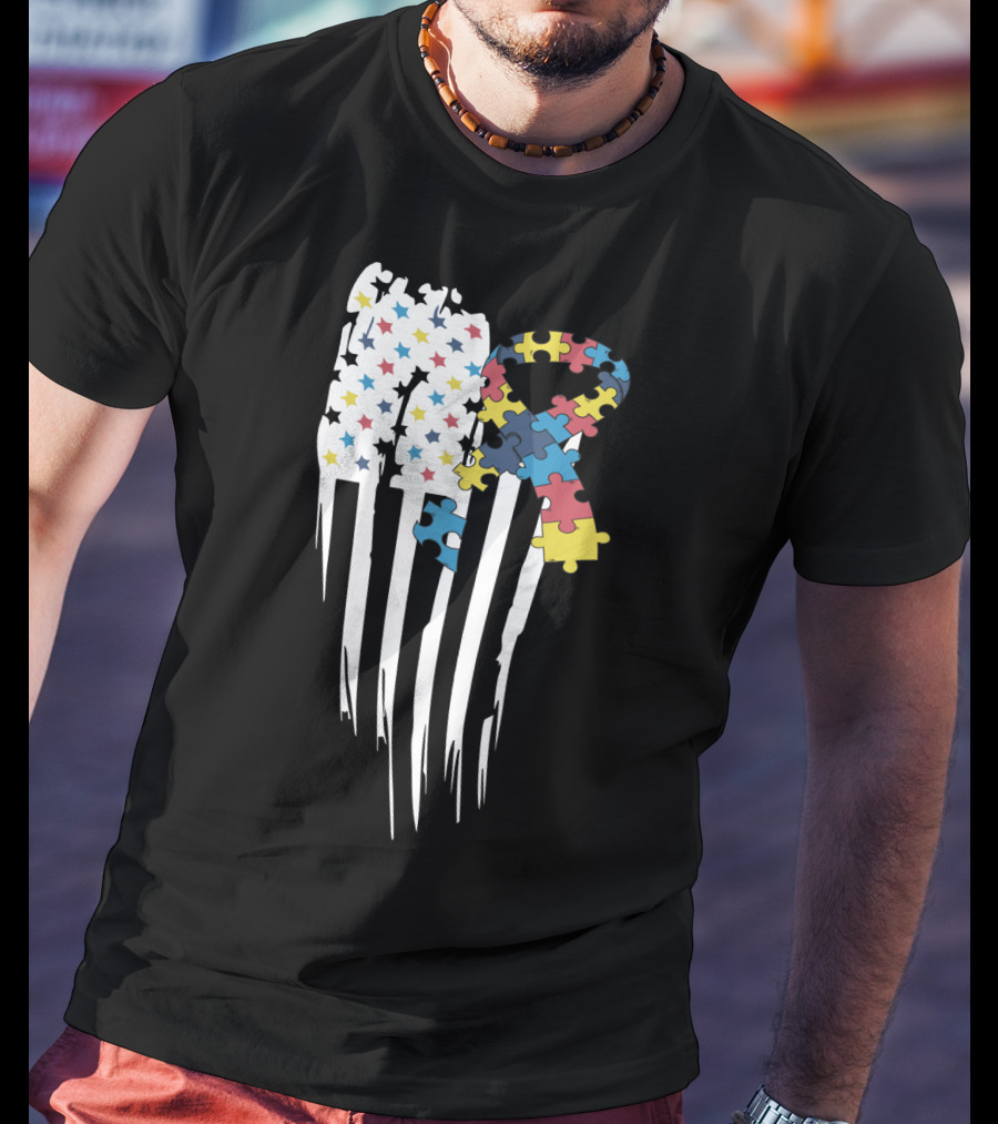 Autism Awareness Month Stars And Stripes Puzzle Ribbon Flag T-Shirt