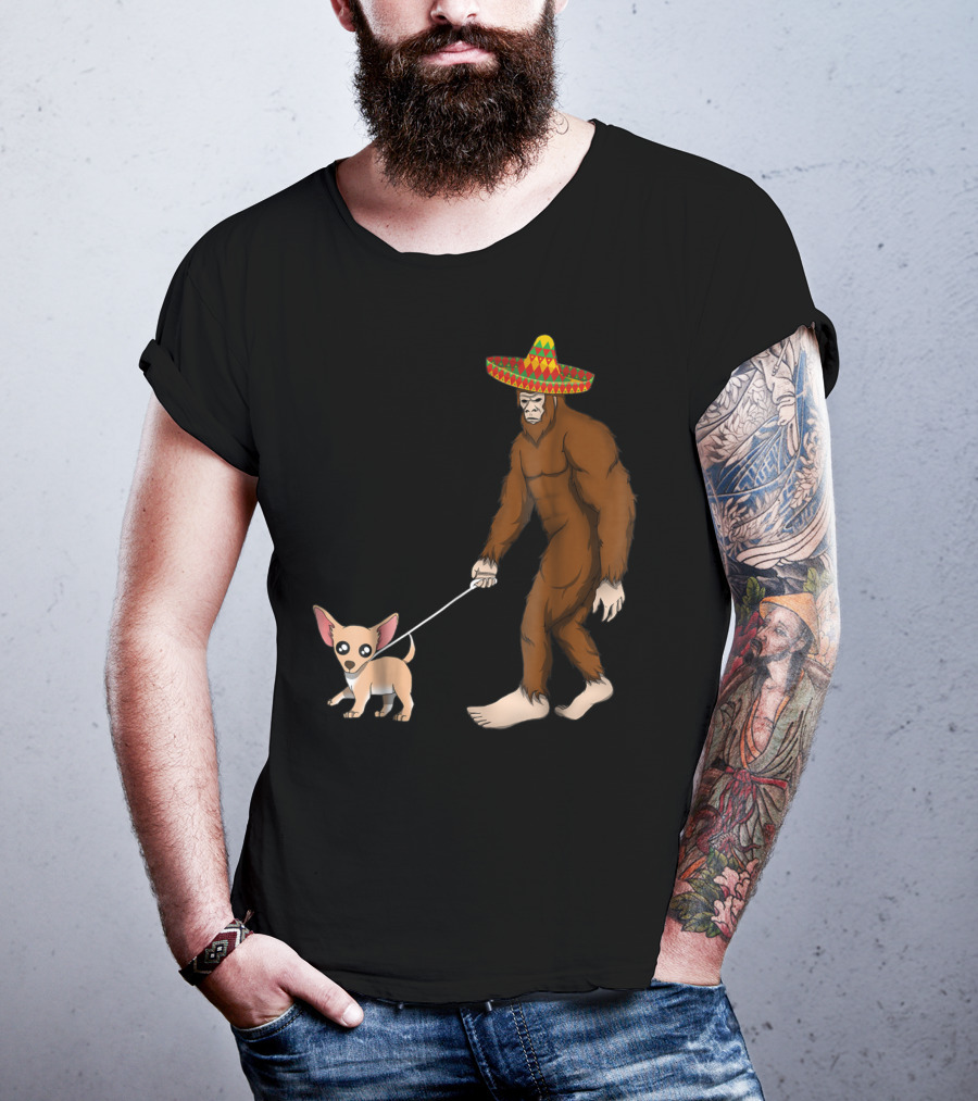 Bigfoot Sombrero Walking Chihuahua Cinco De Mayo T-Shirt