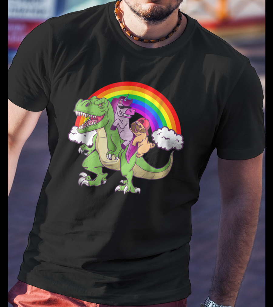Dinosaur Unicorn Pug Dog Lovers Rainbow Adventure T-Shirt