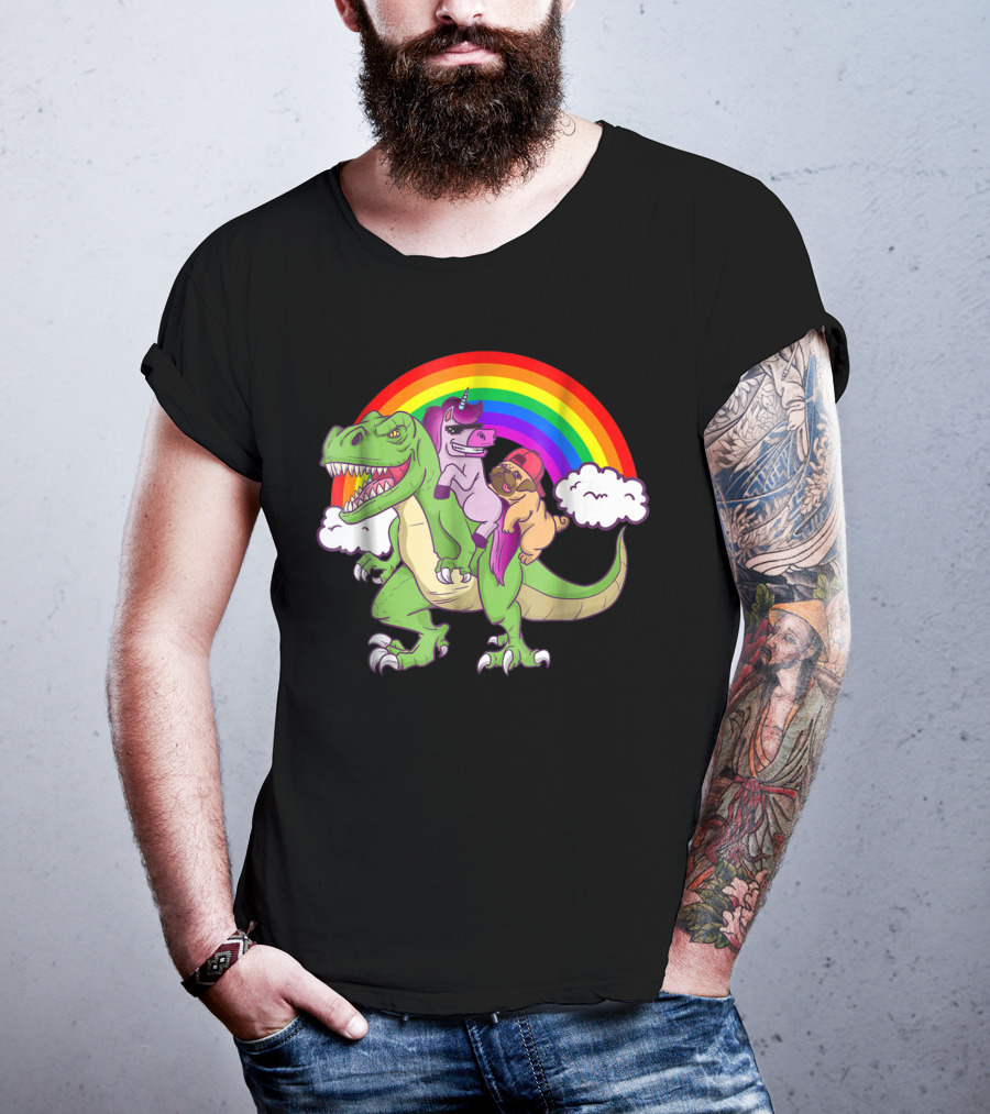 Dinosaur Unicorn Pug Dog Lovers Rainbow Adventure T-Shirt