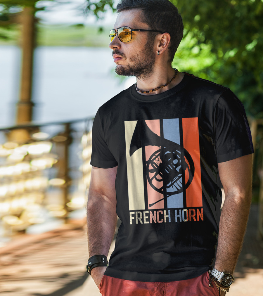 French Horn Dad Marching Band High School Strip Style Retro Music 22 T-Shirt