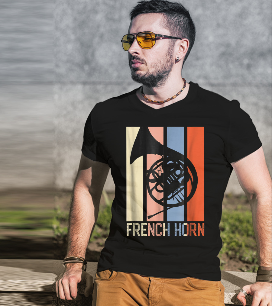 French Horn Dad Marching Band High School Strip Style Retro Music 22 T-Shirt
