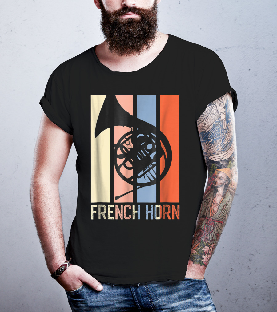 French Horn Dad Marching Band High School Strip Style Retro Music 22 T-Shirt