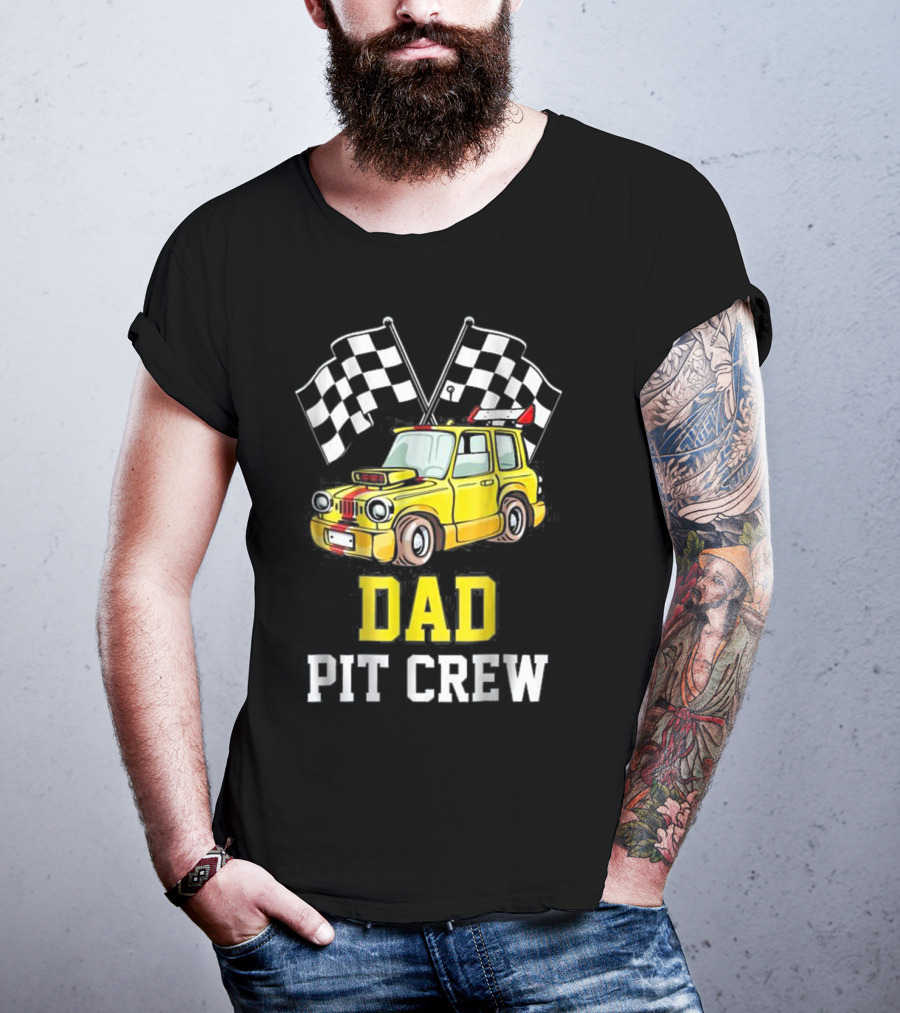 Dad Pit Crew Racing Yellow Car Checkered Flags T-Shirt