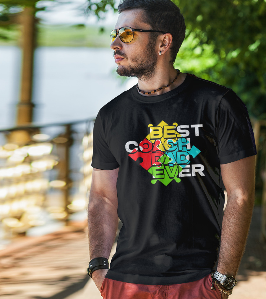 Best Coach Dad Ever Autism Puzzle Piece Colors 90s T-Shirt