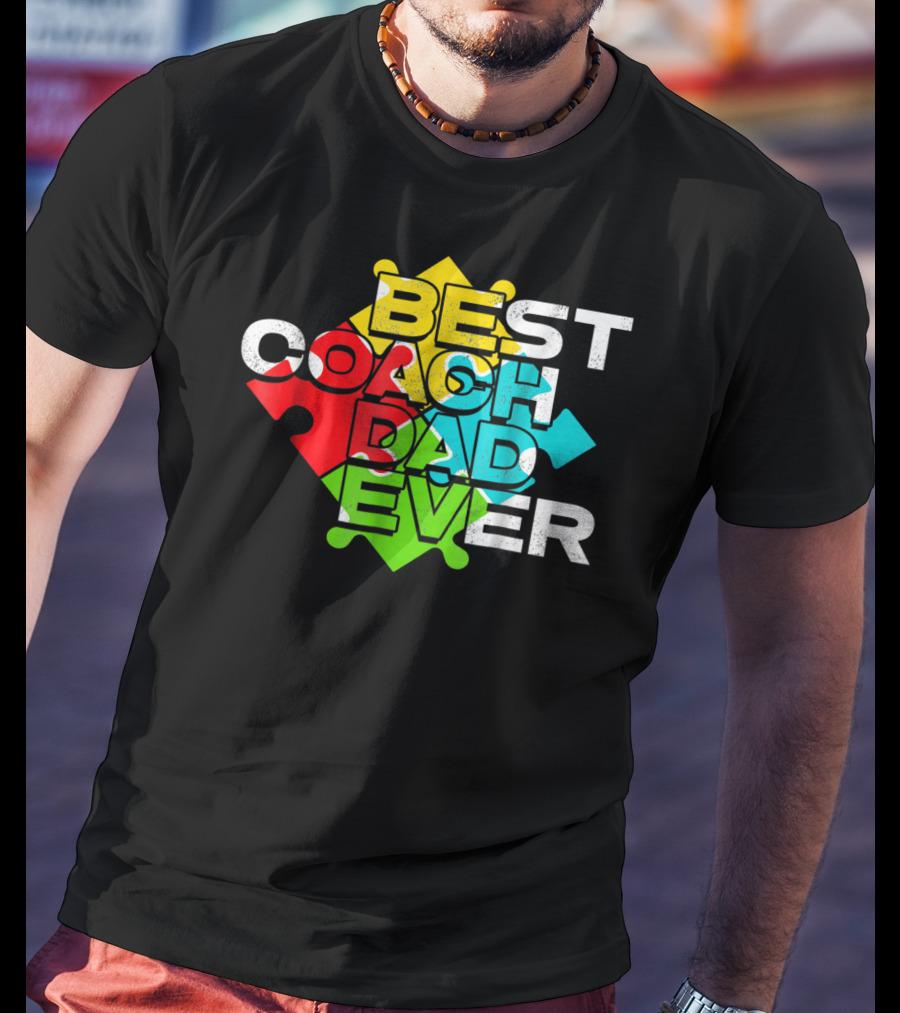 Best Coach Dad Ever Autism Puzzle Piece Colors 90s T-Shirt