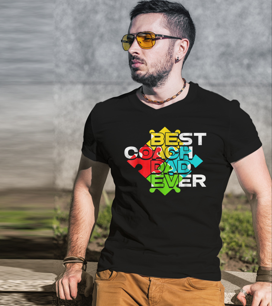 Best Coach Dad Ever Autism Puzzle Piece Colors 90s T-Shirt