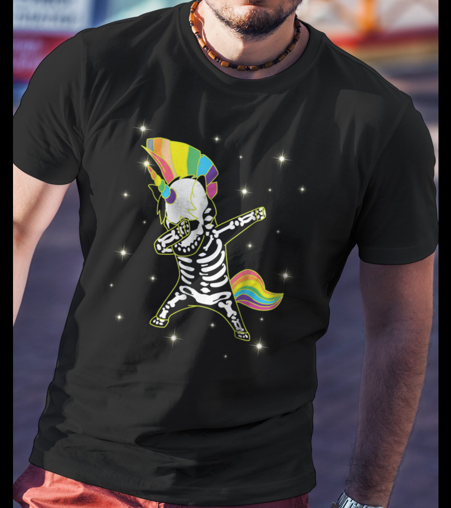 Dabbing Unicorn Skeleton Dad Hip Hop Xray Rainbow Mane Tail Starry Background T-Shirt
