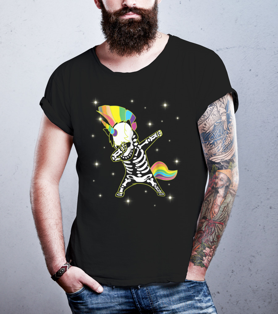 Dabbing Unicorn Skeleton Dad Hip Hop Xray Rainbow Mane Tail Starry Background T-Shirt