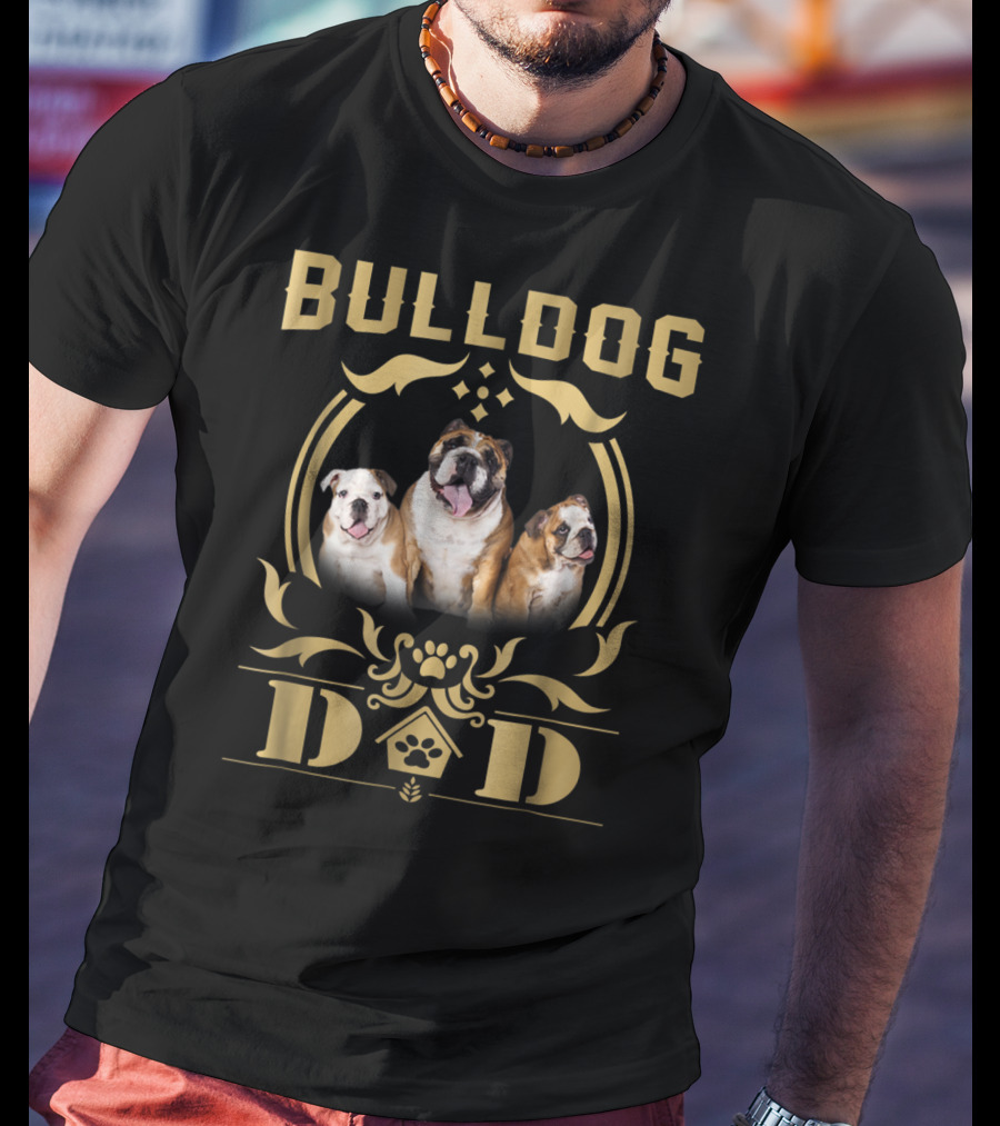 Bulldog Dad Trio With Paw Print Embellishments T-Shirt