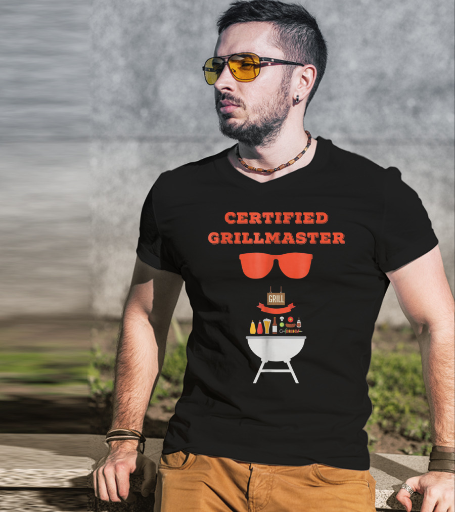 Certified Grillmaster Dad Pun BBQ99 Cooking Fun With Sunglasses And Grill T-Shirt