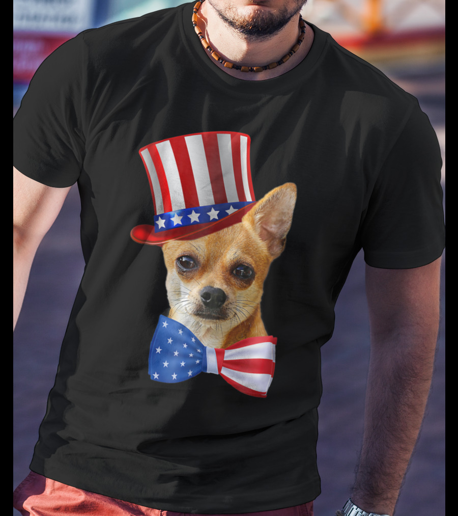 Chihuahua Uncle Sam Hat And Bowtie American Flag T-Shirt