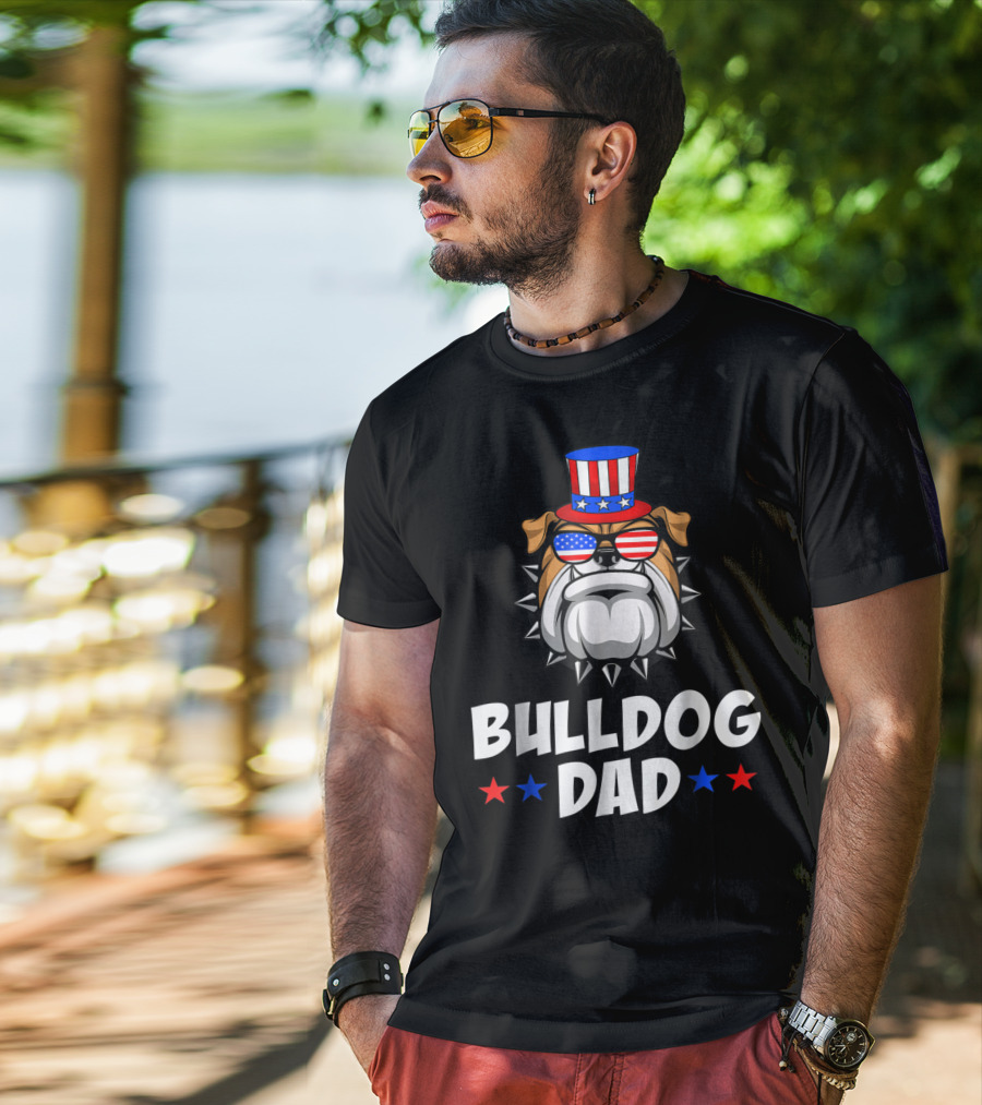 Bulldog Dad USA Flag Sunglasses American Patriotic Top Hat T-Shirt